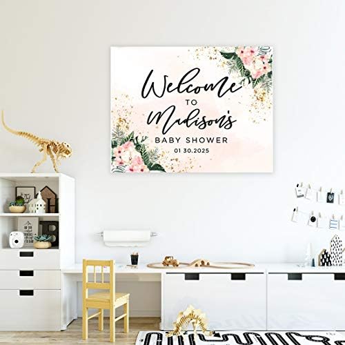Andaz Press Custom Large Baby Shower Canvas Welcome Sign, 16 x 20 Inches, Pink Hibiscus Tropical Palm Leaves, Guestbook Alternative, Personalized Sign Our Canvas, Tropical Baby Shower, Baby Sprinkle - Image 4