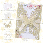50PCS Gold Glitter Laser Cut Wedding Invitation with Butterfly Ribbons - Image 2