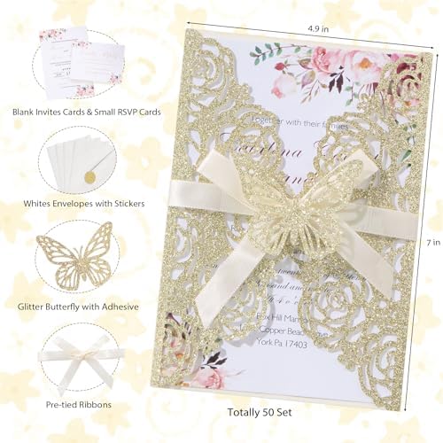 50PCS Gold Glitter Laser Cut Wedding Invitation with Butterfly Ribbons - Image 2