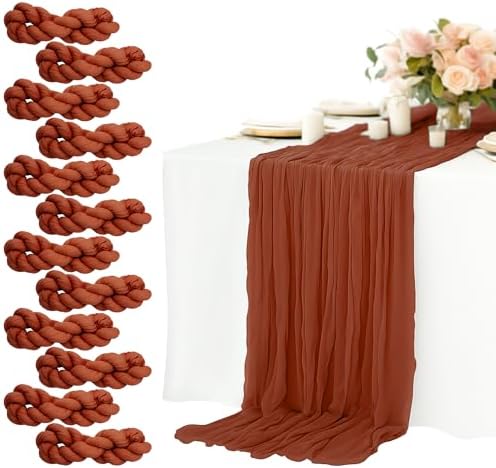 12 Pack Terracotta Cheesecloth Table Runners 10FT Long – 35 x 120 Inch Boho Gauze Table Runners for Engagement, Wedding, Baby Shower & Home Decor – Soft Wrinkled Polyester Fabric by Unknown