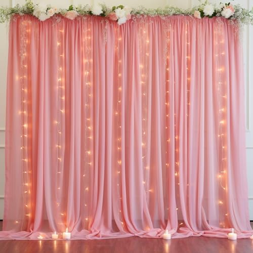 10ft x 10ft Dusty Rose Chiffon Backdrop Curtain with Lights String for Parties,2 Panels Sheer Tulle Curtain Wedding Photo Backdrop with Lights for Baby Shower Birthday Party Ceremony Home Decorations by Partisky
