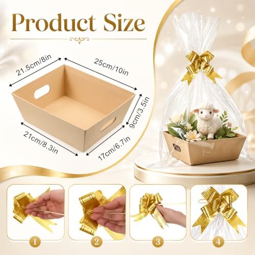 10Sets 10 x 8” Baskets for Gifts Empty, Thick Paper Gift Basket with Clear Wrap Bag and Pull Bows, for Wedding Birthday Bridesmaid Baby Shower Thanksgiving Party Gift Wrapping, Brown - Image 2