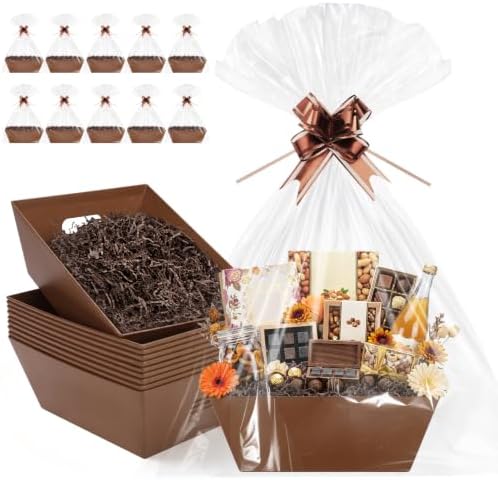 EVELOMO 10 Pack Empty Gift Baskets to Fill - 10" x 8" Large Baskets for Gifts Empty, Sturdy DIY Gifts Baskets Sets with 500g Crinkle Cut Papers for Birthdays Weddings Parties and Holidays (Brown) by EVELOMO