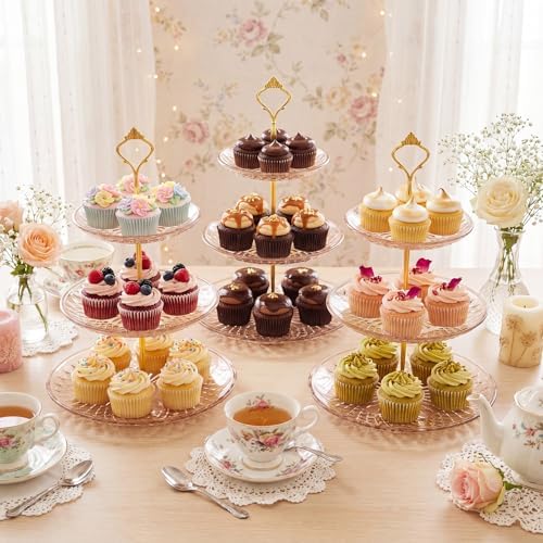 Patelai 8 Packs 3 Tier Acrylic Cake Stand with Round Holder 3 Tier Serving Tray Acrylic Crystal Cupcake Stand Holder for Home Wedding Birthday Baby Shower Tea Party Favors(Clear Amber, Golden Crown) - Image 2