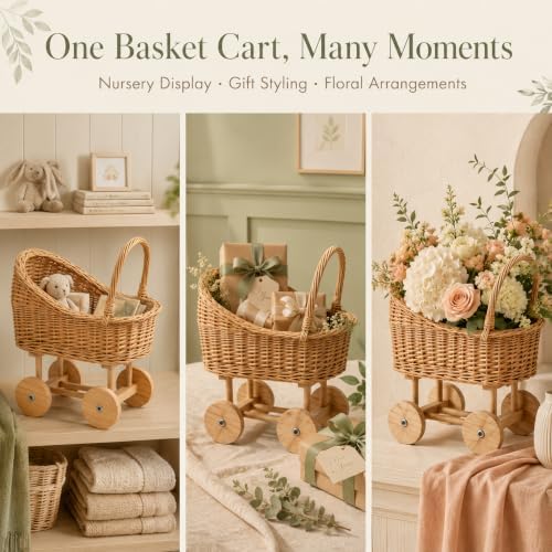 15 Inch Wicker Baby Carriage Basket, Vintage Rattan Stroller Flower Basket for Baby Shower Centerpiece, Woven Carriage Decor for Wedding, Nursery Display and Photography Prop (Large) - Image 5