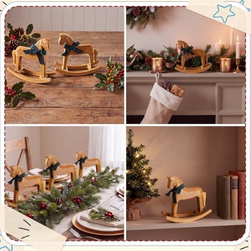 Fuutreo 3 Pack Wooden Rocking Horse Decor with 5 Yards Tartan Plaid Ribbon - Image 3