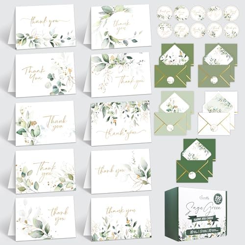 Decorably 100 Pack 6x4in Gold-Foiled Sage Green Thank You Cards by Decorably