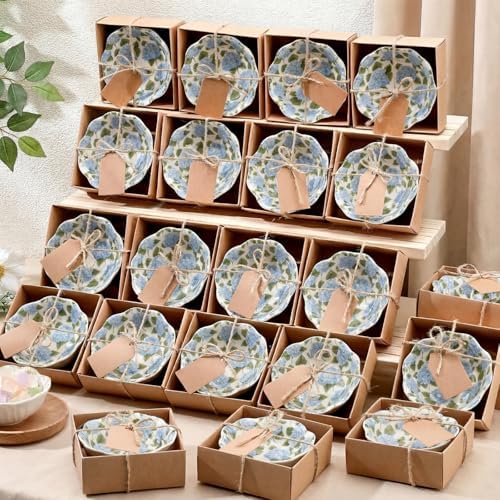 SiliFine 24 Pcs Hydrangea Party Favors for Guests Small Ceramic Bowl Bulk Gifts Set 3.3 Inch Floral Design Mini Dipping Sauce Dish with Card Box for Bridal Pooja Baby Shower Birthday Guest Gift by SiliFine