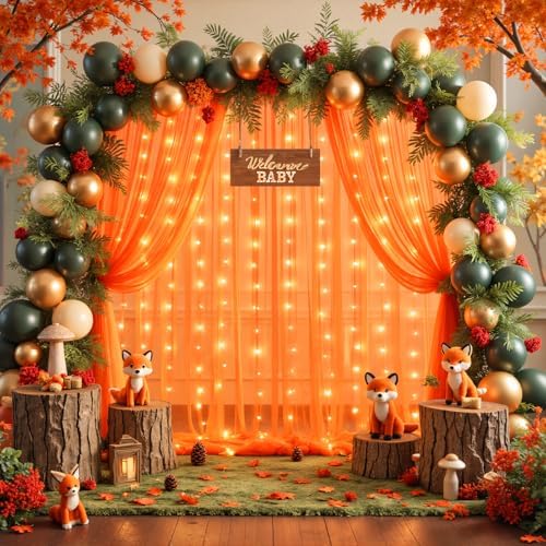 10ft x 10ft Orange Tulle Photo Backdrop Curtain with Lights String for Halloween Party Orange Sheer Curtain Backdrop Drapes for Birthday Party Wedding Photo Booth Background Home Room Decorations - Image 2