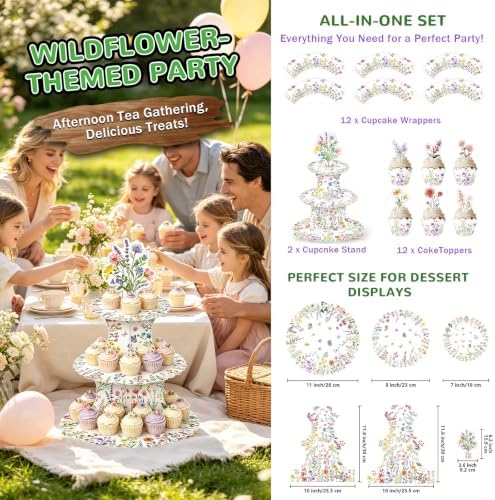 3 Tier Cardboard Cupcake Stand for 24 Cupcakes,Wildflower Party Decorations - Image 3