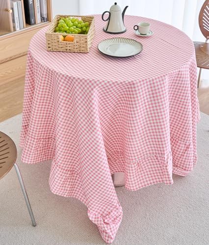 vctops Farmhouse Pink Plaid Ruffle Table Cloth, Boho Cotton Linen Tablecloth, Washable Table Cover for Round Table Baby Shower Kitchen Party Wedding Decor (Pink,70") - Image 3