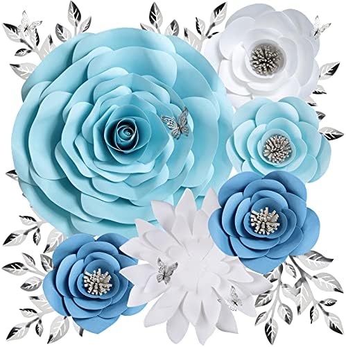 3D Blue Roses Artificial Flowers, Large Paper Flowers Decorations for Wall with Butterfly Stickers, Fake Flower Wall Decor for Baby Boy Nursery Room, Wedding Centerpiece, Party Backdrop by PullPopPureFun