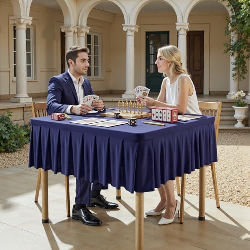 2 Pack Navy Blue Spandex Tablecloths for 34x34 Inch Square Tables, Stretch Fitted Table Clothes with Pleated Ruffle Skirt for 34” Table, Wrinkle Free and Elastic, for Party Kitchen Home Dining - Image 3