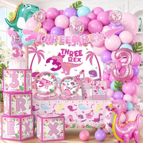 314Pcs Three Rex Birthday Decorations Serves 25 Guests, All-in-One Pink Dinosaur Birthday Decorations Includes Balloon Arch Kit, Banner, Plates, Balloons Box, Tablecloth, Cake Topper by cocomigoPartyHome
