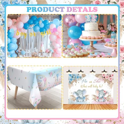 Elephant Gender Reveal Decorations, Baby Boy or Girl Gender Reveal Party Decorations, He or She What Will Baby Be Backdrop Balloon Banner Tablecloth Cake Cupcake Topper Box Sash Pink Blue - Image 4