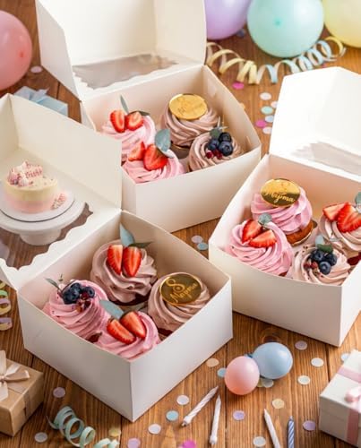 qiqee Auto-pop Up Cupcake Boxes with Window White 100PCS 4 Count Cupcake Box 6.3"x6.3"x3" Cupcakes Carrier, 4 Cupcake Containers - Image 6