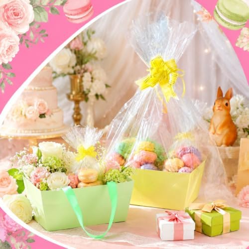 Funnymoom 24 Pcs Gift Basket Set Empty Pink Blue Green Yellow Boxes with Handle, Transparent Bags and Bow for Birthday Wedding Baby Shower Party Favor Packaging 9.8x6.5'' - Image 2