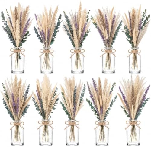 10 Set Dried Pampas Grass Table Centerpiece & Glass Vase for Wedding by Unknown