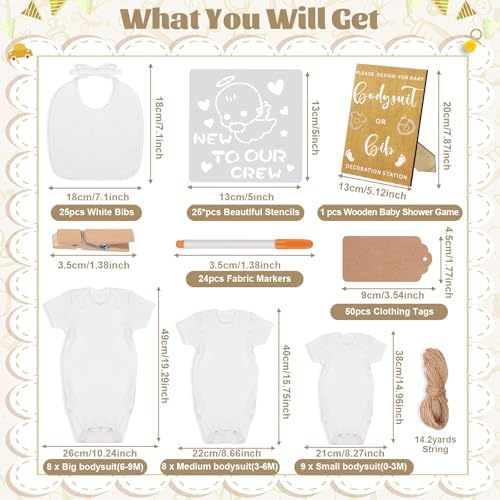201 Pcs Baby Shower Set Baby Shower Game Sign Baby Bib Bodysuit White Baby Bib Newborn Bodysuit Baby Shower White Decorating Kit(Kraft) - Image 2