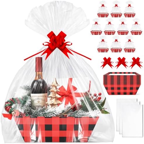 AFOROEOA 10PACK Christmas Gift Baskets Empty, Baskets For Gifts Empty 10x12”Thick Gifts Basket with 10 Bows 10 Bags Gift Basket for Christmas Xmas Wedding Birthdays Party Wrapping （Red Plaid） by AFOROEOA