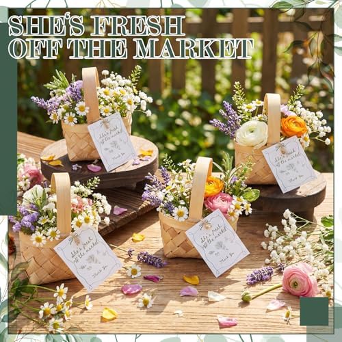 LemonRoad 20 Sets She's Fresh off The Market Mini Picnic Basket with Card Wood Mini Wood Woven Flower Fruit Picnic Chip Basket for Wedding Bridal Shower Birthday Baby Shower Favor Gift(Small) - Image 4