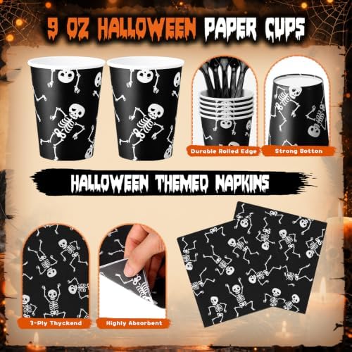 Honeydak 210 Pcs Halloween Skeleton Party Supplies for 30 Guests Dancing Skull Birthday Plates Napkins Cup and Forks Tableware for Halloween Ceremonies Birthday Holiday Party Decorations - Image 4