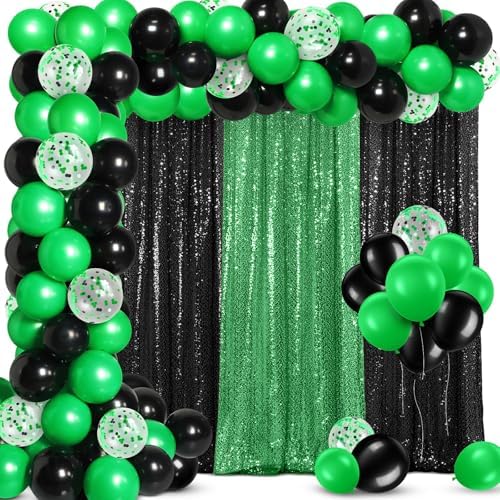 SmoothNovelty 137 Pcs 2026 Graduation Decoration Green Black Party Backdrop Kits - 4 Sequin Backdrop Curtain 133 Balloon Garland Kit Photo Prop Background for Prom Send Off Wedding Anniversary by SmoothNovelty
