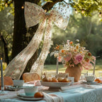 Canlierr Extra Large Embroidery Floral Tulle Bow Decorations 39 x 59 Inch Giant Champagne Organza Bow with Tie and Long Ribbon Tails for Spring Wedding Backdrop Coquette Room Wall Decoration - Image 3
