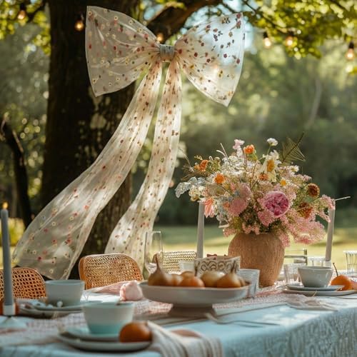 Canlierr Extra Large Embroidery Floral Tulle Bow Decorations 39 x 59 Inch Giant Champagne Organza Bow with Tie and Long Ribbon Tails for Spring Wedding Backdrop Coquette Room Wall Decoration - Image 3
