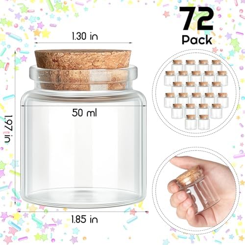 Patelai 72 Pcs Small Glass Jars with Cork Lids, Mini Potion Bottles Bulk Tiny Wishing Vial Spell Jars for DIY Art Crafts Gift Valentine Wedding Birthday Party Favors Decorations (50 Ml) - Image 3