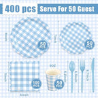 Funnymoom 400 Pcs Gingham Party Supplies for 50 Guests Light Blue and White Paper Plates and Napkins Knives Spoon Fork Cup Disposable Checkered Dinner Party Set Cutlery for Baby Shower Wedding Favor - Image 3