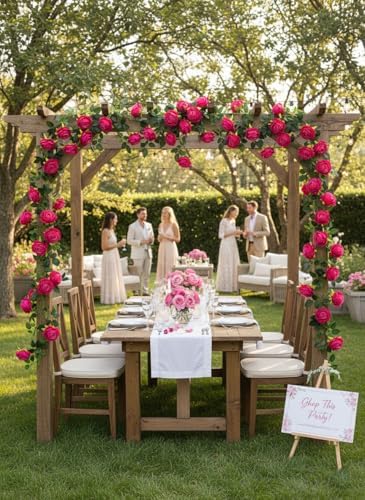 2Pcs 12Ft Bendable Flower Garland Faux Rose Vine for Wedding Decor,Fuchsia - Image 6