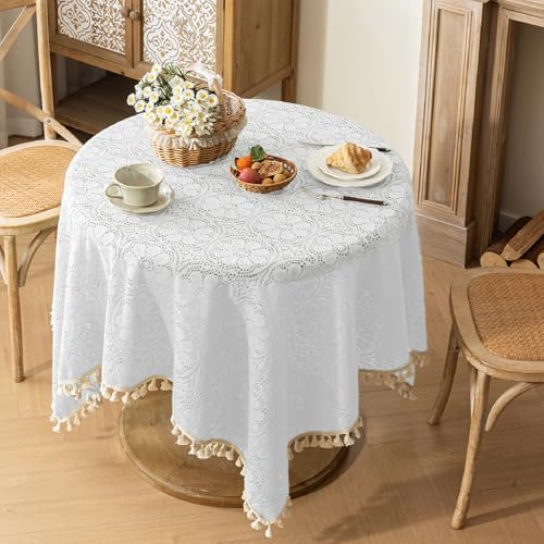 Boho Crochet Cotton Lace Tablecloth Rectangle 60 x 60 Inch White - Image 6