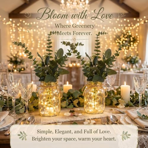 4 Sets Eucalyptus Mason Jar Centerpiece with LED Lights for Wedding - Image 6