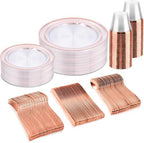 bUCLA 150PCS Clear Rose Gold Disposable Dinnerware set - Rose Gold Plastic Plates Include 25 Dinner / 25 Dessert Plates, 25 Knives, 25 Forks, 25 Spoons, 25 Cups for Party & Wedding by BUCLA
