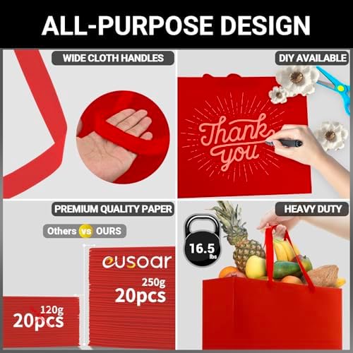 EUSOAR Extra Large Gift Bags, 25pcs 16"x6"x12" Red Thank You Gift Wrap Bags with Handles Bulk, Merchandise Retail Shopping Wrap Paper Business Birthday Party Favor Wedding Shower Bridal Treat Bags - Image 3