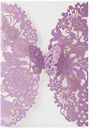 Hosmsua 50PCS Purple Butterfly Quinceanera Invitation Card Kit 5.1x7.3'' Laser Cut Flora Butterfly Invitation Pocket with Envelopes for Bridal Shower XV Anos Wedding Invitation (Purple Glitter) - Image 2