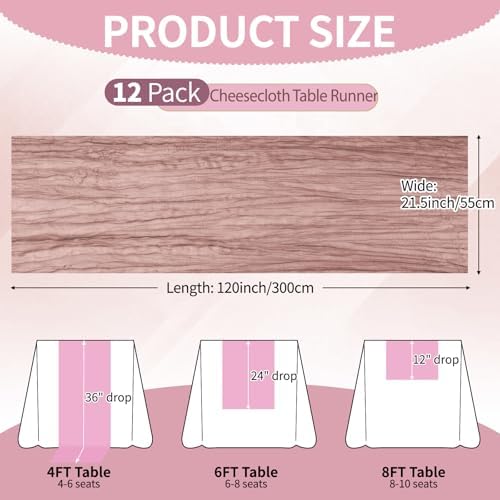 12 Pcs Dusty Pink Cheesecloth Table Runner 10Ft, Gauze Table Runners 21.5 x 120 inch,Semi Sheer Cheese Cloth Fabric Runner Bulk for Wedding,Party,Baby Shower,Bridal Shower - Image 2