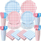 Funnymoom 400 Pcs Gingham Party Supplies for 50 Guests Pink and Blue Paper Plates and Napkins Set Knives Spoons Forks Cups Disposable Dinner Party Cutlery for Gender Reveal Baby Shower Birthday by Funnymoom