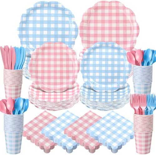 Funnymoom 400 Pcs Gingham Party Supplies for 50 Guests Pink and Blue Paper Plates and Napkins Set Knives Spoons Forks Cups Disposable Dinner Party Cutlery for Gender Reveal Baby Shower Birthday by Funnymoom
