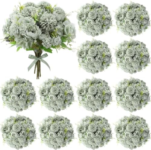 Tigeen 12 Bundles Artificial Flowers Bouquet Silk Peonies, Green by Tigeen