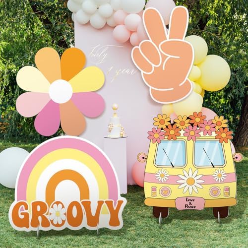 4 Pcs 24 Inch Large Hippie Photo Booth Props Retro Groovy Cardboard Cutout Party Decorations Boho Bus Daisy Peace Sign Hand Rainbow Frame Backdrop for 60s 70s Hippie Baby Shower Party Supply by Unknown