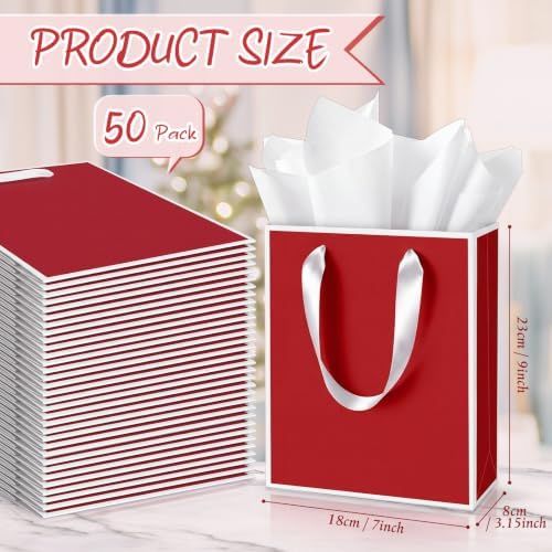 Yeaqee 50 Pack Metallic Paper Gift Bag Bulk with Handle, Red, White - Image 2