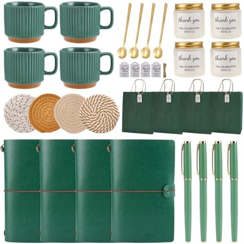 Baby Shower Prizes for Game Winners Baby Shower Games Prizes Ceramic Mugs with Metal Spoons Woven Coasters Notebooks Scented Candles Gift Bags Wedding Bridal Shower Favors for Guests (4, Green) by WishFond
