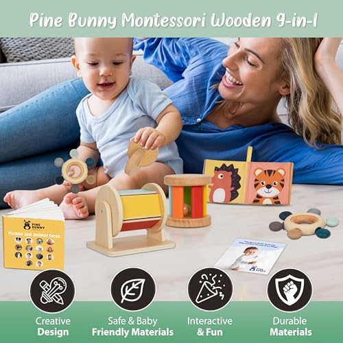 Pine Bunny Montessori Wooden 9-in-1 Toy Set for 4+ Months, Silicone Teether, Interlocking Discs, Mirror Toy, Wooden Bell Cylinder, Cloth Book, Spinning Drum, Educational Learning Sensory Development - Image 5