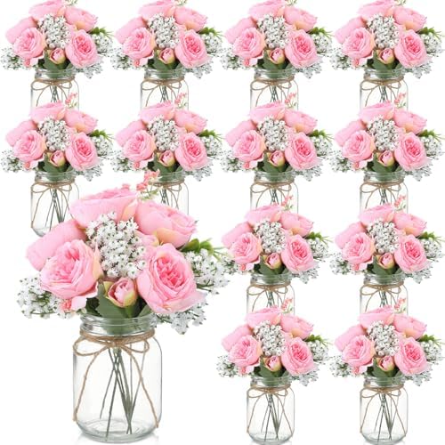 Zeyune 12 Sets Mason Jar Flowers Centerpiece Table Decorations,Coral Pink by Zeyune