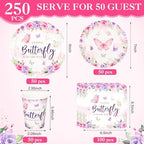 Ziliny 250 Pcs Butterfly Baby Shower Party Tableware Set a Little Butterfly Is on the Way Baby Shower Decorations Pink Purple Floral Paper Plates Napkins and Cups for 50 Guest(Cute Style) - Image 3