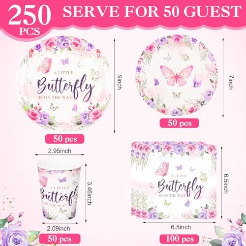Ziliny 250 Pcs Butterfly Baby Shower Party Tableware Set a Little Butterfly Is on the Way Baby Shower Decorations Pink Purple Floral Paper Plates Napkins and Cups for 50 Guest(Cute Style) - Image 3