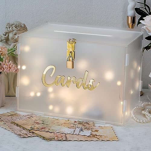 OurWarm Frosted Acrylic Wedding Card Box with Lock, DIY Gift Card Box for Wedding Reception with String Light and Pen, Envelope Money Card Box for Party Birthday Graduation Baby Shower Decor by OurWarm