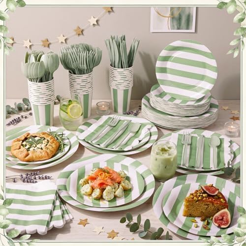Mimorou 175 Pcs Sage Green and White Striped Party Tableware for 25 - Image 2